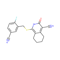 N#Cc1ccc(F)c(CSc2[nH]c(=O)c(C#N)c3c2CCCC3)c1 ZINC000073142203