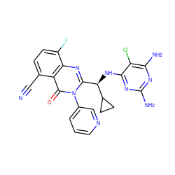 N#Cc1ccc(F)c2nc([C@@H](Nc3nc(N)nc(N)c3Cl)C3CC3)n(-c3cccnc3)c(=O)c12 ZINC001772588407