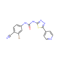 N#Cc1ccc(NC(=O)Nc2nnc(-c3ccncc3)s2)cc1Br ZINC000096284277