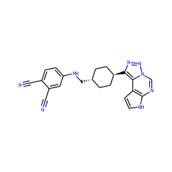 N#Cc1ccc(NC[C@H]2CC[C@H](c3nnn4cnc5[nH]ccc5c34)CC2)cc1C#N ZINC001772626669