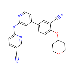 N#Cc1ccc(Nc2cc(-c3ccc(OC4CCOCC4)c(C#N)c3)ccn2)nc1 ZINC000146571560