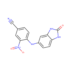 N#Cc1ccc(Nc2ccc3[nH]c(=O)[nH]c3c2)c([N+](=O)[O-])c1 ZINC000009367880