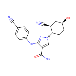 N#Cc1ccc(Nc2nn([C@H]3CC[C@H](O)C[C@@H]3C#N)cc2C(N)=O)cc1 ZINC000221140741