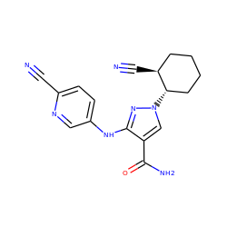 N#Cc1ccc(Nc2nn([C@H]3CCCC[C@@H]3C#N)cc2C(N)=O)cn1 ZINC000221164894