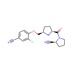 N#Cc1ccc(OC[C@H]2CC[C@@H](C(=O)N3CCC[C@H]3C#N)N2)c(Cl)c1 ZINC000014947552