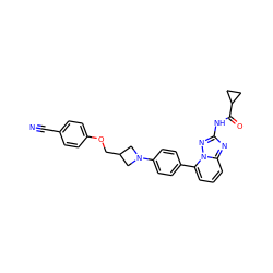 N#Cc1ccc(OCC2CN(c3ccc(-c4cccc5nc(NC(=O)C6CC6)nn45)cc3)C2)cc1 ZINC000299821463