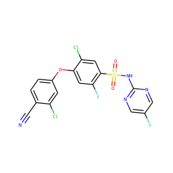 N#Cc1ccc(Oc2cc(F)c(S(=O)(=O)Nc3ncc(F)cn3)cc2Cl)cc1Cl ZINC000473224170