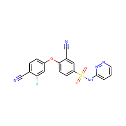 N#Cc1ccc(Oc2ccc(S(=O)(=O)Nc3cccnn3)cc2C#N)cc1F ZINC000473194453