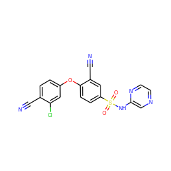 N#Cc1ccc(Oc2ccc(S(=O)(=O)Nc3cnccn3)cc2C#N)cc1Cl ZINC000473194438