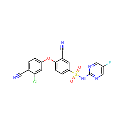 N#Cc1ccc(Oc2ccc(S(=O)(=O)Nc3ncc(F)cn3)cc2C#N)cc1Cl ZINC000473194444