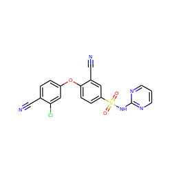 N#Cc1ccc(Oc2ccc(S(=O)(=O)Nc3ncccn3)cc2C#N)cc1Cl ZINC000473194486