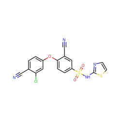 N#Cc1ccc(Oc2ccc(S(=O)(=O)Nc3nccs3)cc2C#N)cc1Cl ZINC000219511730