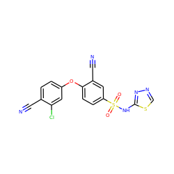 N#Cc1ccc(Oc2ccc(S(=O)(=O)Nc3nncs3)cc2C#N)cc1Cl ZINC001772622313