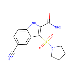 N#Cc1ccc2[nH]c(C(N)=O)c(S(=O)(=O)N3CCCC3)c2c1 ZINC000029038958