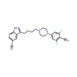 N#Cc1ccc2[nH]cc(CCCCN3CCN(c4cc(F)c(C#N)c(F)c4)CC3)c2c1 ZINC000013582527