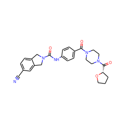 N#Cc1ccc2c(c1)CN(C(=O)Nc1ccc(C(=O)N3CCN(C(=O)[C@@H]4CCCO4)CC3)cc1)C2 ZINC000166952003