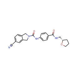 N#Cc1ccc2c(c1)CN(C(=O)Nc1ccc(C(=O)NC[C@@H]3CCCO3)cc1)C2 ZINC000166034440