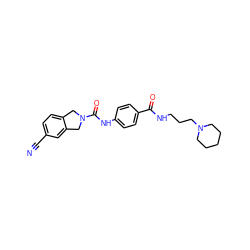 N#Cc1ccc2c(c1)CN(C(=O)Nc1ccc(C(=O)NCCCN3CCCCC3)cc1)C2 ZINC000166676927