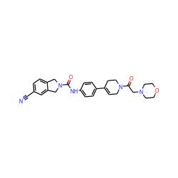 N#Cc1ccc2c(c1)CN(C(=O)Nc1ccc(C3=CCN(C(=O)CN4CCOCC4)CC3)cc1)C2 ZINC000167161488