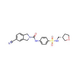 N#Cc1ccc2c(c1)CN(C(=O)Nc1ccc(S(=O)(=O)NC[C@@H]3CCOC3)cc1)C2 ZINC000167252847