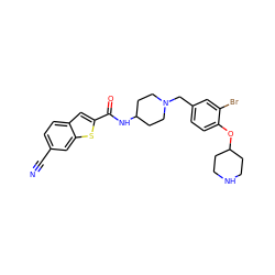 N#Cc1ccc2cc(C(=O)NC3CCN(Cc4ccc(OC5CCNCC5)c(Br)c4)CC3)sc2c1 ZINC001772602981