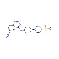 N#Cc1ccc2ncnc(N[C@H]3CC[C@H](N4CCN(S(=O)(=O)C5CC5)CC4)CC3)c2c1 ZINC001772646493