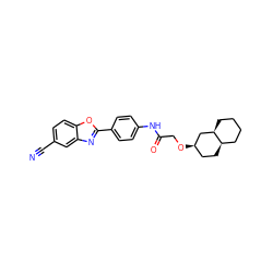 N#Cc1ccc2oc(-c3ccc(NC(=O)CO[C@@H]4CC[C@@H]5CCCC[C@@H]5C4)cc3)nc2c1 ZINC000066112527