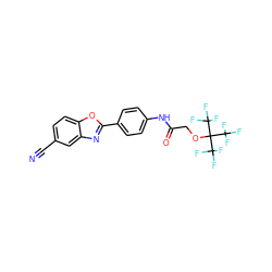 N#Cc1ccc2oc(-c3ccc(NC(=O)COC(C(F)(F)F)(C(F)(F)F)C(F)(F)F)cc3)nc2c1 ZINC000049746800