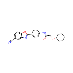 N#Cc1ccc2oc(-c3ccc(NC(=O)COC4CCCCC4)cc3)nc2c1 ZINC000066105105