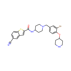 N#Cc1ccc2sc(C(=O)NC3CCN(Cc4ccc(OC5CCNCC5)c(Br)c4)CC3)cc2c1 ZINC001772628918