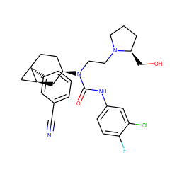 N#Cc1cccc([C@]23CC[C@@H](N(CCN4CCC[C@H]4CO)C(=O)Nc4ccc(F)c(Cl)c4)C[C@H]2C3)c1 ZINC000028649865