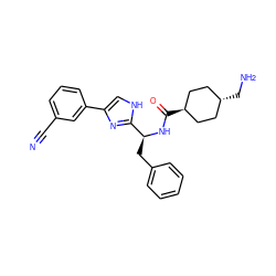 N#Cc1cccc(-c2c[nH]c([C@H](Cc3ccccc3)NC(=O)[C@H]3CC[C@H](CN)CC3)n2)c1 ZINC000299829654