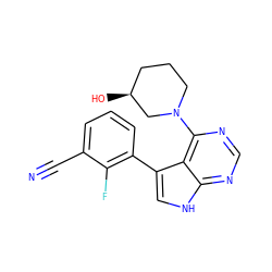 N#Cc1cccc(-c2c[nH]c3ncnc(N4CCC[C@H](O)C4)c23)c1F ZINC000224885340