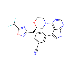 N#Cc1cccc(-c2c[nH]c3ncnc(N4CCO[C@H](Cc5noc(C(F)F)n5)C4)c23)c1 ZINC000224888972