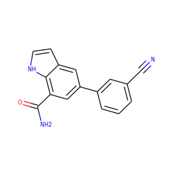 N#Cc1cccc(-c2cc(C(N)=O)c3[nH]ccc3c2)c1 ZINC000071296915