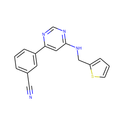 N#Cc1cccc(-c2cc(NCc3cccs3)ncn2)c1 ZINC000004268142