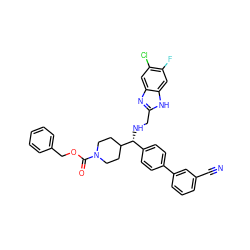 N#Cc1cccc(-c2ccc([C@@H](NCc3nc4cc(Cl)c(F)cc4[nH]3)C3CCN(C(=O)OCc4ccccc4)CC3)cc2)c1 ZINC000038157872