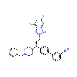 N#Cc1cccc(-c2ccc([C@H](CCc3nc4c(Cl)cc(Cl)cc4[nH]3)C3CCN(Cc4ccccc4)CC3)cc2)c1 ZINC000038157863