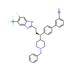 N#Cc1cccc(-c2ccc([C@H](CCc3nc4cc(C(F)(F)F)c(F)cc4[nH]3)C3CCN(Cc4ccccc4)CC3)cc2)c1 ZINC000038157874
