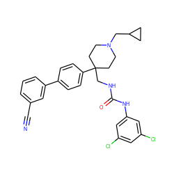 N#Cc1cccc(-c2ccc(C3(CNC(=O)Nc4cc(Cl)cc(Cl)c4)CCN(CC4CC4)CC3)cc2)c1 ZINC000028116467