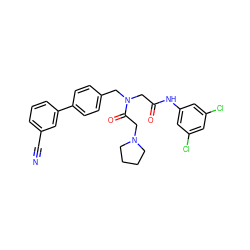 N#Cc1cccc(-c2ccc(CN(CC(=O)Nc3cc(Cl)cc(Cl)c3)C(=O)CN3CCCC3)cc2)c1 ZINC000028529531