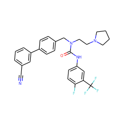N#Cc1cccc(-c2ccc(CN(CCN3CCCC3)C(=O)Nc3ccc(F)c(C(F)(F)F)c3)cc2)c1 ZINC000028529339