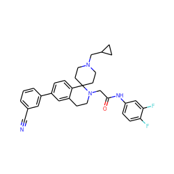 N#Cc1cccc(-c2ccc3c(c2)CCN(CC(=O)Nc2ccc(F)c(F)c2)C32CCN(CC3CC3)CC2)c1 ZINC000034110904