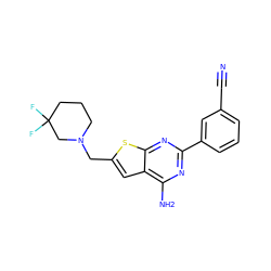 N#Cc1cccc(-c2nc(N)c3cc(CN4CCCC(F)(F)C4)sc3n2)c1 ZINC000118592890