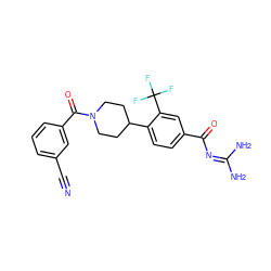 N#Cc1cccc(C(=O)N2CCC(c3ccc(C(=O)N=C(N)N)cc3C(F)(F)F)CC2)c1 ZINC000095556336