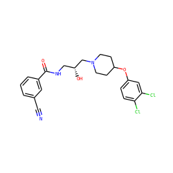 N#Cc1cccc(C(=O)NC[C@@H](O)CN2CCC(Oc3ccc(Cl)c(Cl)c3)CC2)c1 ZINC000095564132