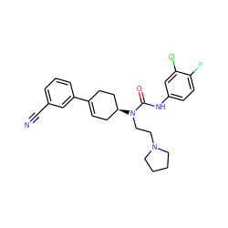 N#Cc1cccc(C2=CC[C@H](N(CCN3CCCC3)C(=O)Nc3ccc(F)c(Cl)c3)CC2)c1 ZINC000013641324
