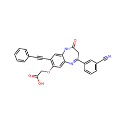 N#Cc1cccc(C2=Nc3cc(OCC(=O)O)c(C#Cc4ccccc4)cc3NC(=O)C2)c1 ZINC000101097618