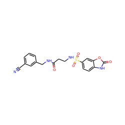 N#Cc1cccc(CNC(=O)CCNS(=O)(=O)c2ccc3[nH]c(=O)oc3c2)c1 ZINC000103261936