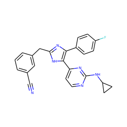 N#Cc1cccc(Cc2nc(-c3ccc(F)cc3)c(-c3ccnc(NC4CC4)n3)[nH]2)c1 ZINC000040420514